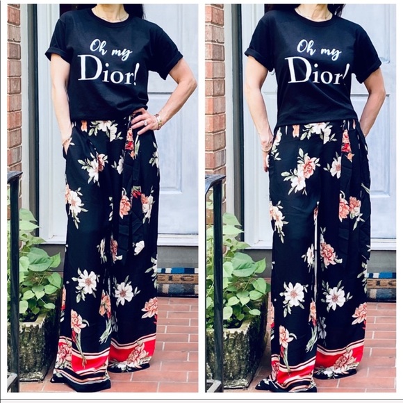 GORGEOUS BLACK FLORAL PRINT WIDE LEG PANTS - Picture 9 of 15